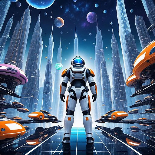 Futuristic Astronaut in Megalopolis Scene Futuristic Astronaut in Megalopolis Scene