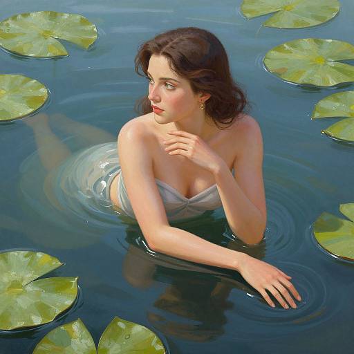 Digital painting of a fair-skinned, dark-haired woman with red lips, wearing a strapless white top, floating in a serene pond with green l