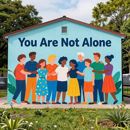 Colorful illustration of diverse children and adults standing in front of a blue house with 