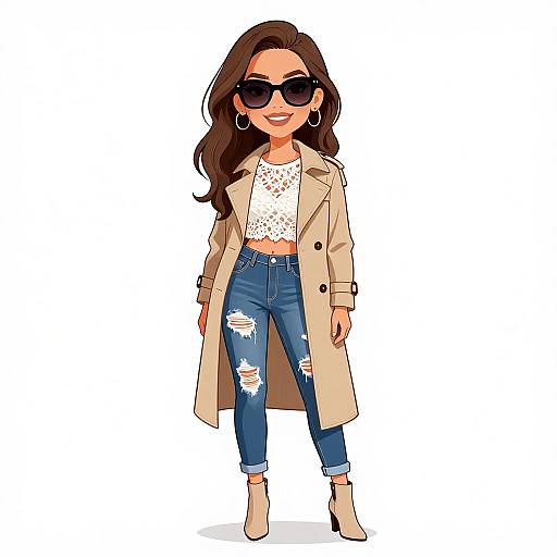 Cartoon-style woman with long brown hair, black sunglasses, beige trench coat, white lace top, ripped blue jeans, hoop earrings, and beige ankle