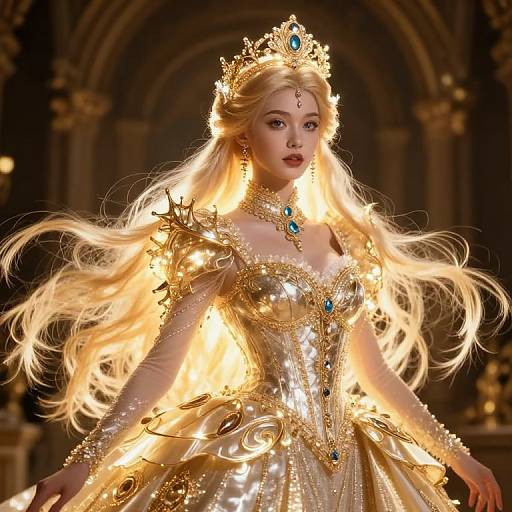 Digital art of a blonde, fair-skinned queen with long hair, wearing a gold, glittering gown, crown, and jewelry, standing in an