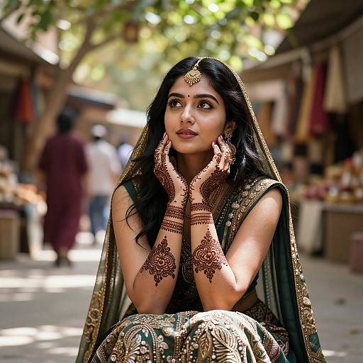 Photograph of a beautiful Indian woman with long black hair, wearing a green and gold traditional saree, intricate mehndi, and jewelry,