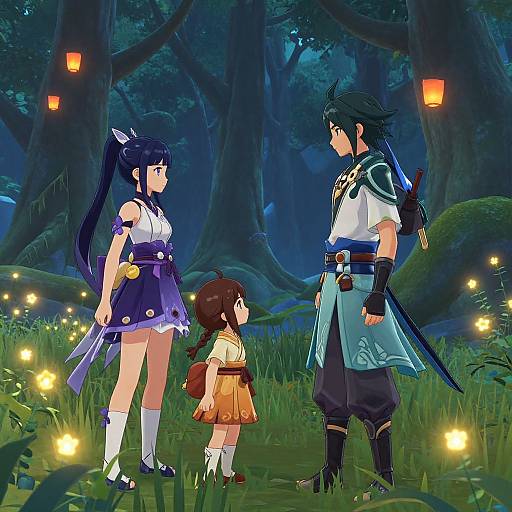 Digital anime-style illustration of a forest night scene with a blue-haired girl, black-haired man, and small brown-haired girl, surrounded by glowing lanterns