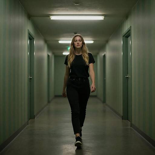 Confident Woman in Green Hallway