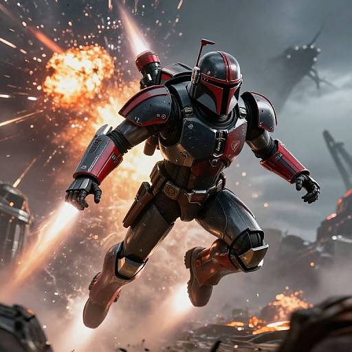 Digital artwork of a red and black armored Mandalorian warrior mid-jump, wielding a blaster, amidst an explosive, smoke-filled battlefield.