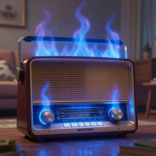 Photorealistic image of a vintage radio with blue flames surrounding it, set on a wooden floor in a cozy, dimly lit living room.