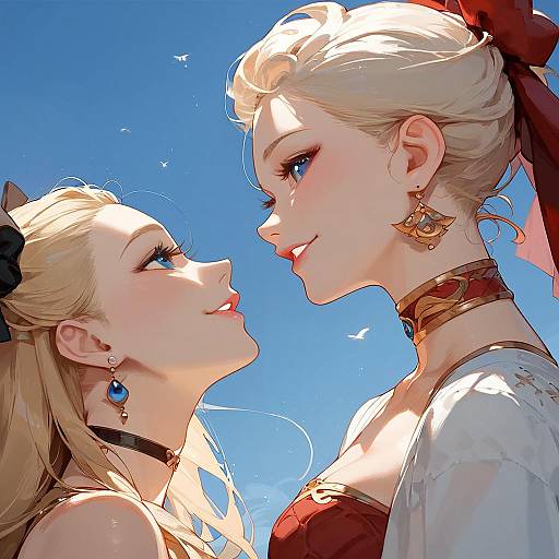 Digital anime-style drawing of two blonde women with blue eyes, facing each other intimately against a bright blue sky. Both wear elaborate earrings and chokers,