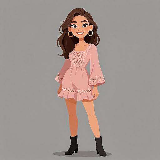 Cartoon-style digital illustration of a smiling woman with long brown hair, wearing a pink lace dress, black ankle boots, and large hoop earrings, standing