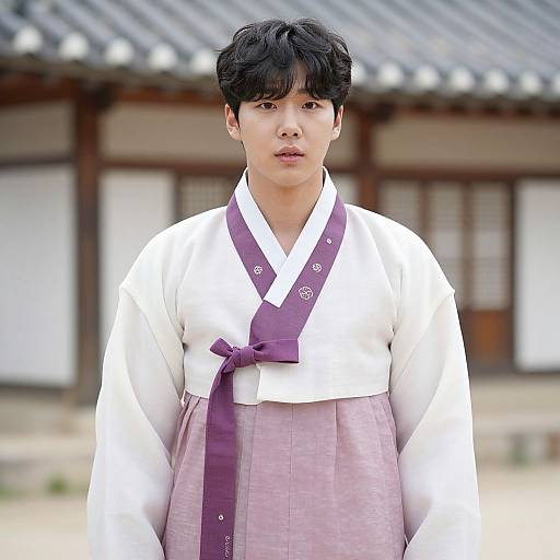 Photograph of a young Asian man with short black hair, wearing a white hakama top with purple sash, standing in front of a traditional Korean