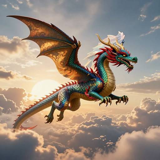 Digital artwork of a vibrant, blue-scaled dragon with red spines and yellow wings soaring through a sunlit, cloudy sky.