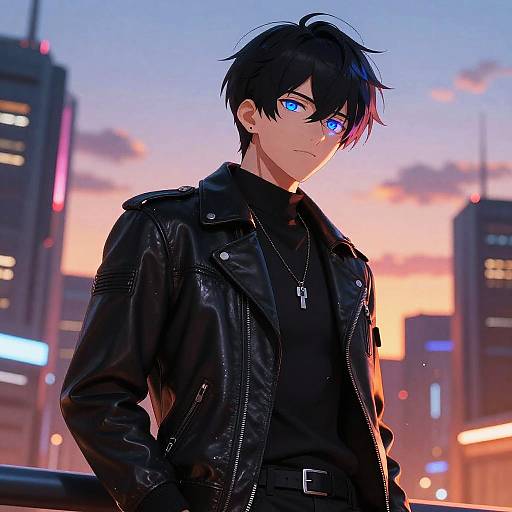 Anime-style digital artwork of a handsome, black-haired man with glowing blue eyes, wearing a black leather jacket, standing in a futuristic cityscape at sunset