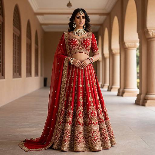 Photograph of a South Asian woman in a red and gold traditional lehenga, standing in a colonnaded corridor, adorned with jewelry, including a