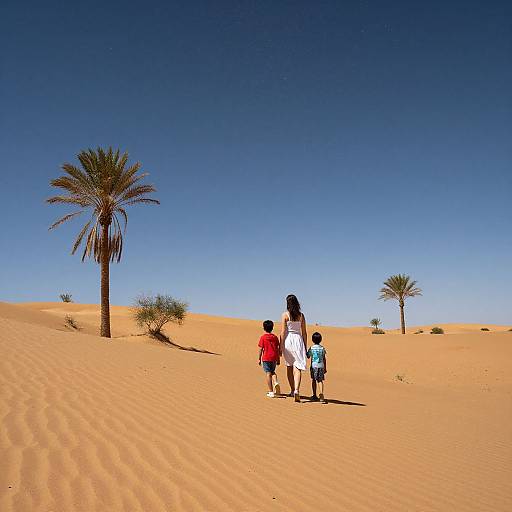 Photograph of a family of three walking in a vivid blue desert with two palm trees, golden sand, and clear sky.