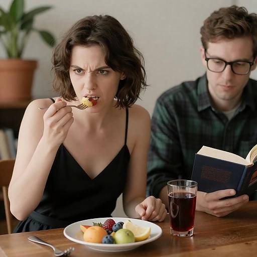 Intense Woman Dining with Focused Man