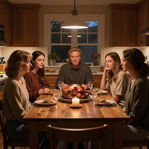 Family Dinner Around Roasted Turkey in Warm Kitchen