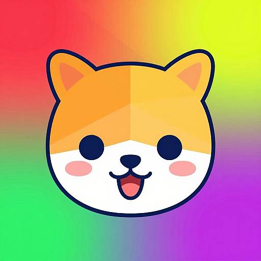 Cute, digital, anime-style Shiba Inu face with orange and white fur, black eyes, pink cheeks, and open mouth, on a
