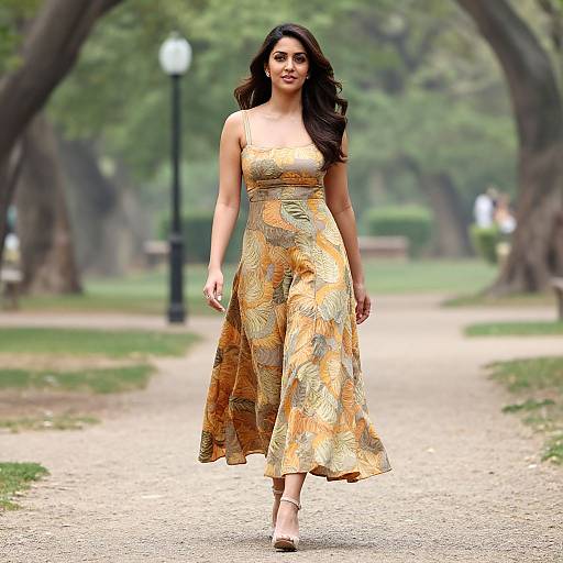 Photograph of a smiling woman with long dark hair, wearing a yellow and orange floral sundress, walking on a park path.