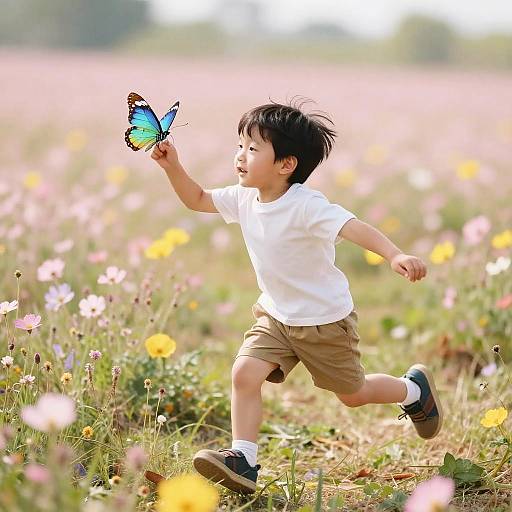 Young Boy Chasing Butterfly in Meadow