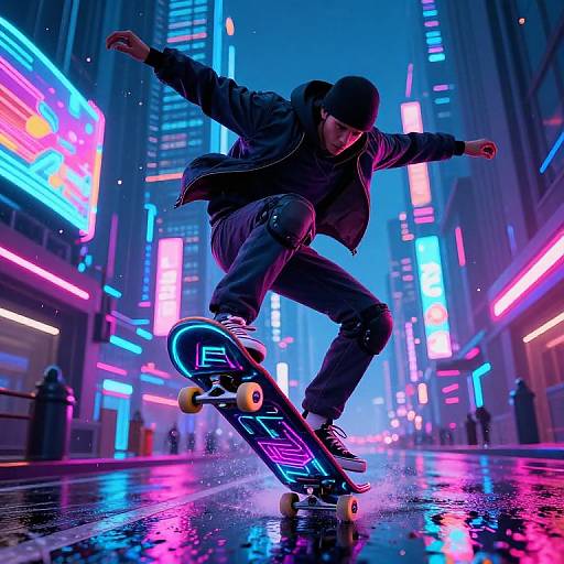 Neon-lit city street at night, skateboarder in black hoodie and beanie, crouching, mid-trick, vibrant pink, blue