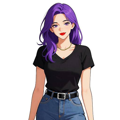 Anime Woman with Purple Hair in Casual Outfit