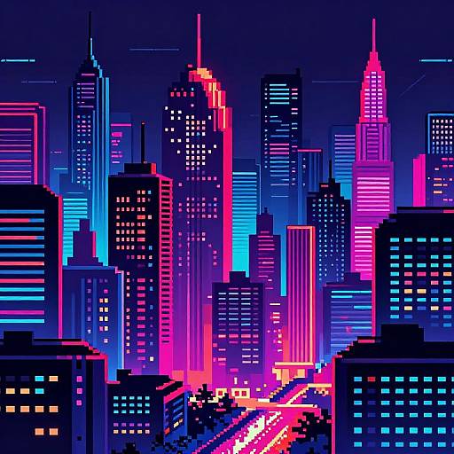 Digital art of a neon-lit, futuristic cityscape with colorful skyscrapers, vibrant blue, pink, and purple lights, and a brightly illuminated