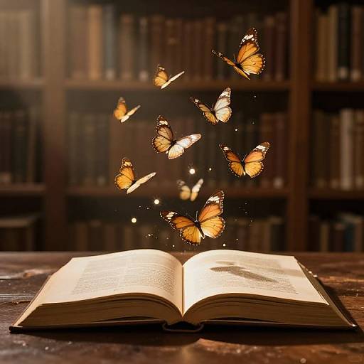 Photograph of an open book on a wooden table, with orange butterflies emerging from its pages, set in a dimly lit, book-filled library.