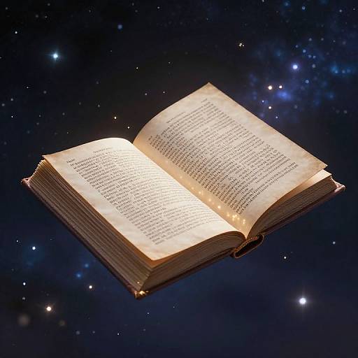 Open book floating in space with glowing pages, surrounded by stars and galaxies, creating a cosmic and magical atmosphere.