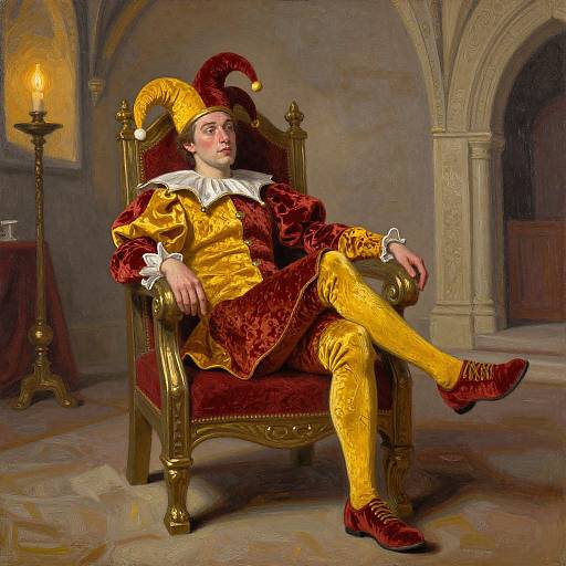 Painting of a nobleman in a yellow and red jester outfit, sitting on a gold throne in a medieval-style hall.