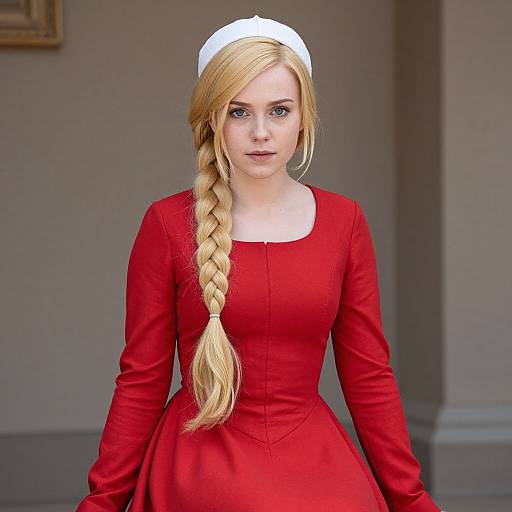 Photorealistic digital artwork of a blonde woman with a long braid, wearing a white cap and red long-sleeve dress, standing in a