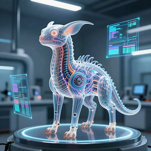 Digital CGI of a glowing, translucent, robotic dragon with neon blue and orange accents, standing on a futuristic illuminated platform in a high-tech lab. Data