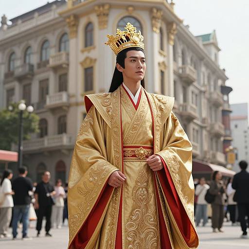 Photograph of an Asian man in an ornate gold and red royal robe, wearing a gold crown, standing in a bustling urban plaza with historic buildings