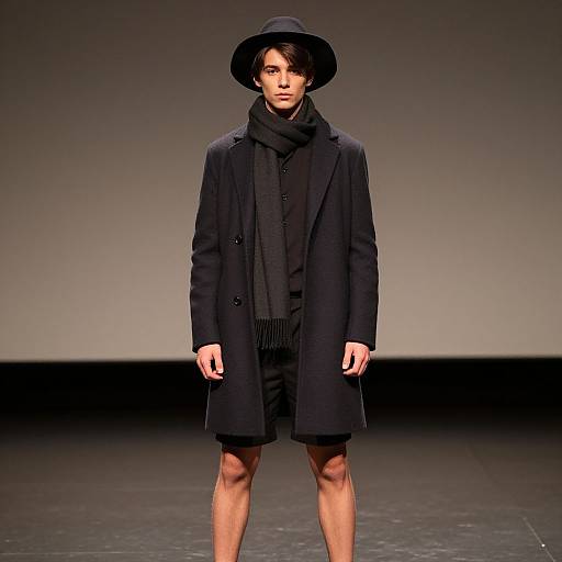 Photograph of a slender male model with pale skin, black wide-brim hat, black coat, scarf, and shorts, standing on a dimly