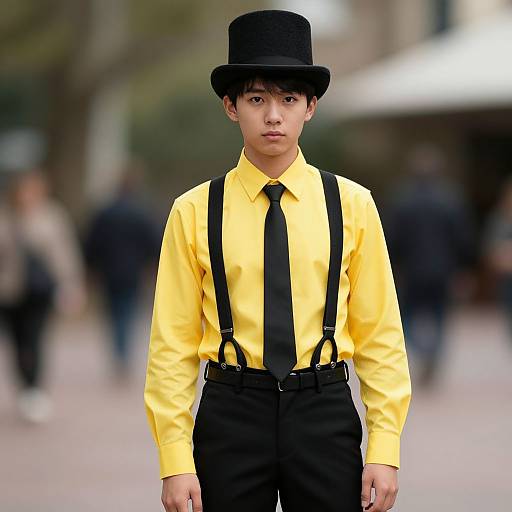Photograph of an Asian teenage boy in a yellow shirt, black tie, black suspenders, black pants, and black top hat, standing in a