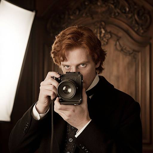 Photograph of a red-haired man with intense gaze, holding a black camera, wearing a black suit, against an ornate wooden background with a bright
