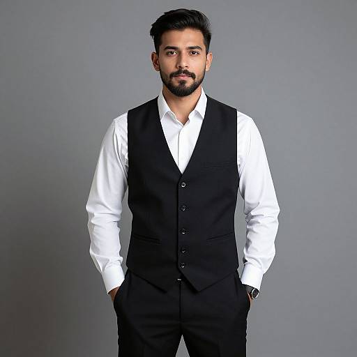 Photograph of a bearded man with dark hair, wearing a white shirt and black vest, standing against a plain gray background. Hands in pockets,