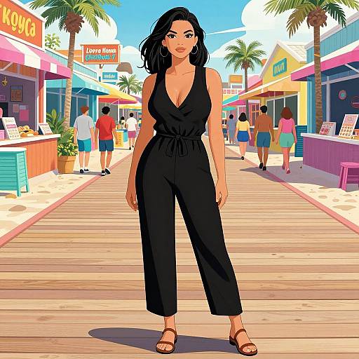 Digital illustration of a dark-haired woman in a black, deep V-neck jumpsuit and sandals, standing on a sunny, palm-tree-lined boardwalk with