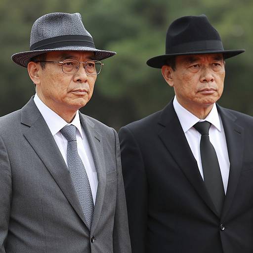 Formal Men Outdoors with Serious Expressions