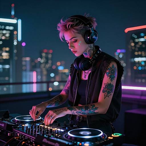 Tattooed DJ with short, spiky hair and headphones, mixing tracks in a neon-lit cityscape rooftop at night. Vibrant city