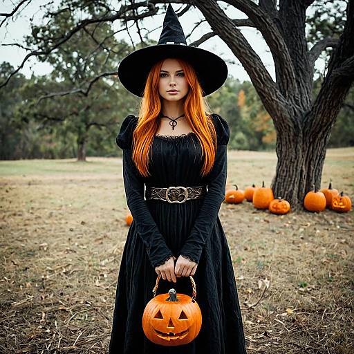 Woman in Witch Costume Holding Jack-o'-lantern