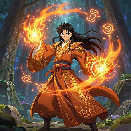 Anime-style illustration of a black-haired, intense-eyed mage in an orange, gold-embroidered robe, conjuring fiery rings in a mystical forest