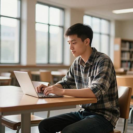 Photograph of an Asian man in a plaid shirt, sitting at a library table, focused on a laptop, bright natural light from large windows in