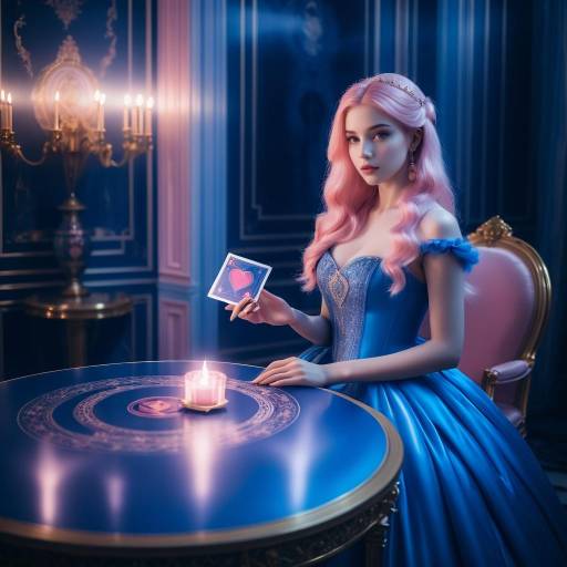 Woman in Blue Gown Holding Heart Playing Card