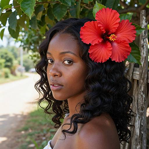 Photograph of a beautiful dark-skinned woman with curly black hair, wearing a large red hibiscus flower in her hair, standing outdoors near