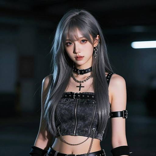 Photograph of an Asian woman with long black hair, wearing a black leather crop top, choker, cross necklace, and arm bands, in a