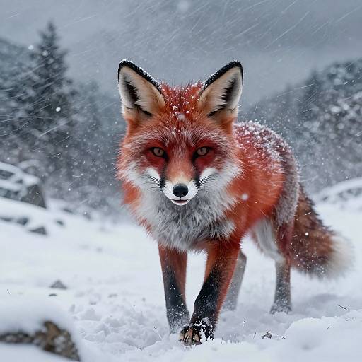 Photograph of a red fox with piercing eyes, snow-covered fur, and black-tipped ears, walking through a snowy forest with falling snow.