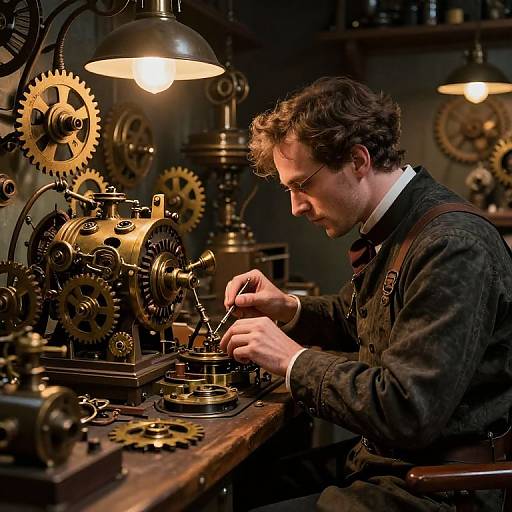 Photograph of a focused, middle-aged man in Victorian attire, repairing intricate brass clockwork machinery under warm industrial lighting.