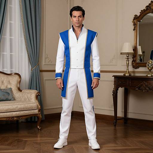 Photograph of a handsome man in a white and blue formal outfit, standing in an elegant room with vintage furniture.