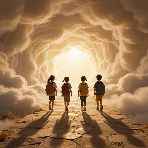 Photograph of four children walking on a stone path, silhouetted against a radiant, cloud-filled tunnel of light at sunset.