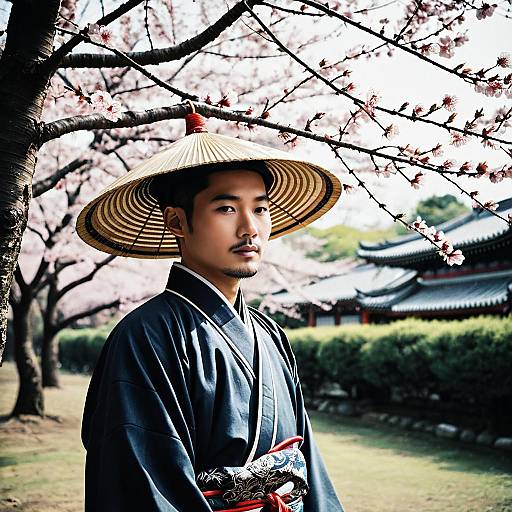 Asian Man in Traditional Attire with Cherry Blossoms