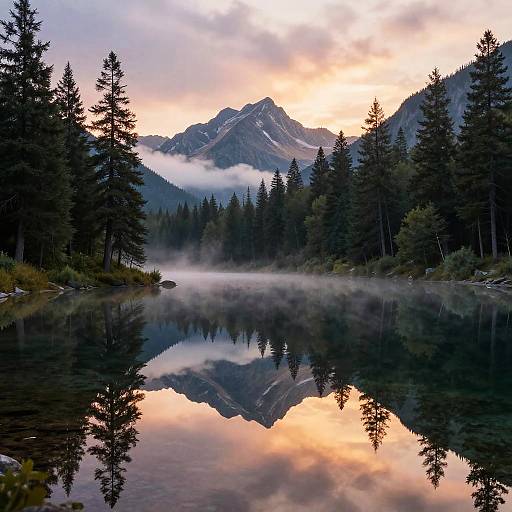 Photograph of a serene mountain lake at sunrise, reflecting towering pine trees and snow-capped mountains, with mist over the water.